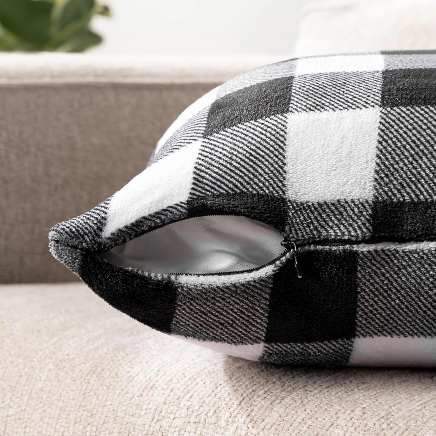 PAVILIA Checker Plaid Throw Pillow Covers 20x20 Set of 2, Decorative Pillow Cases Bed Sofa Couch, Boho Aesthetic Accent Decor Cushion Bedroom Living Room, Velvet Square Euro Sham Covers, Black White