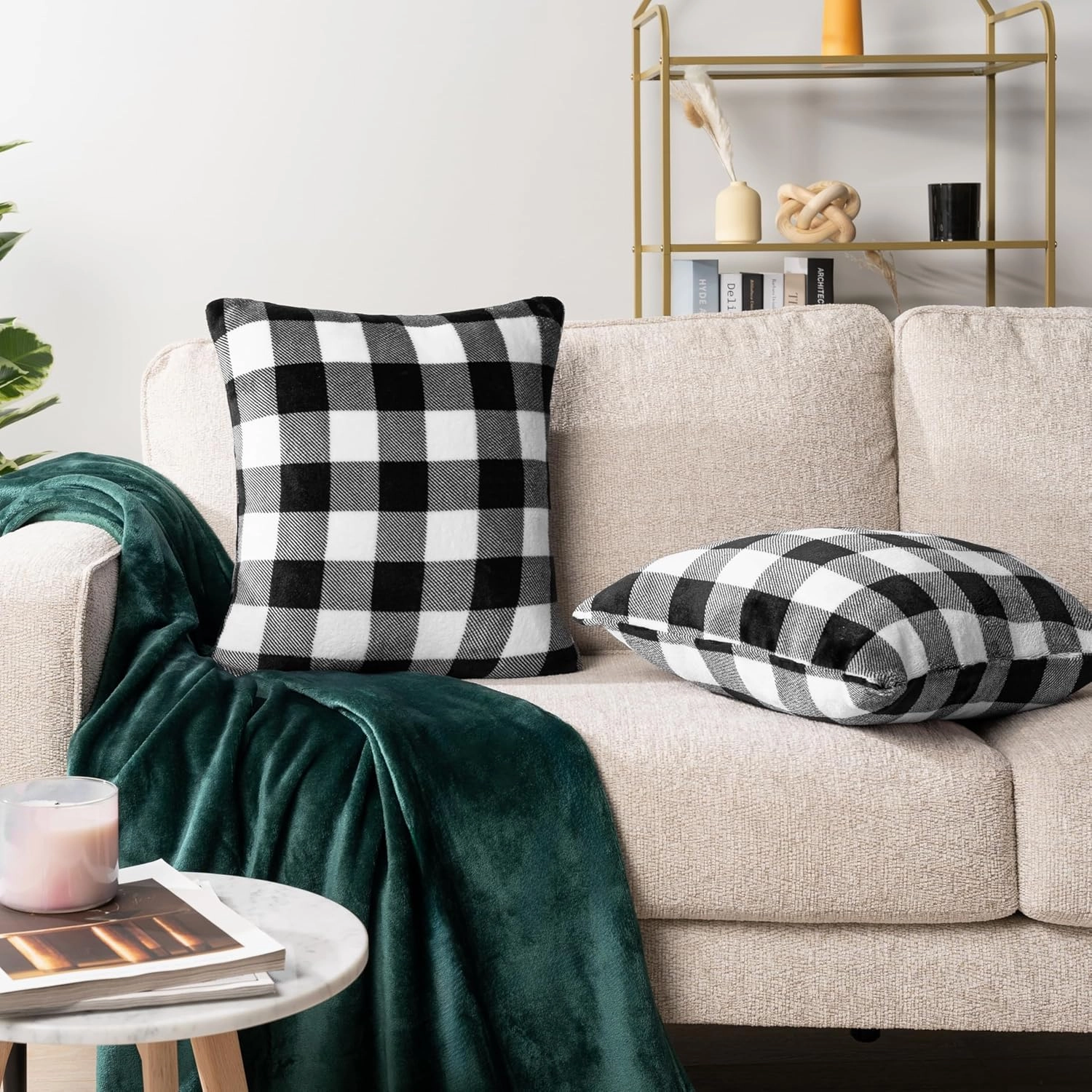 PAVILIA Checker Plaid Throw Pillow Covers 20x20 Set of 2, Decorative Pillow Cases Bed Sofa Couch, Boho Aesthetic Accent Decor Cushion Bedroom Living Room, Velvet Square Euro Sham Covers, Black White