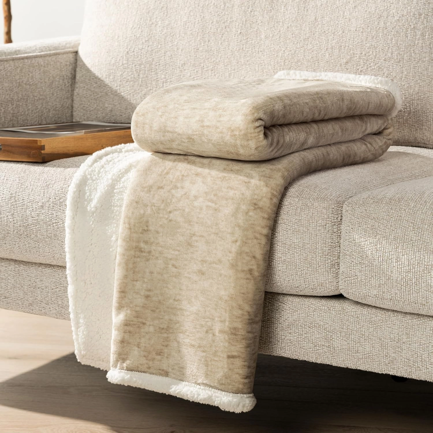 PAVILIA Melange Cream Sherpa Blanket Throw for Couch, Warm Soft Cozy Reversible Blanket Sofa Bed, Thick Plush Large Fleece Car Blanket, Decorative Home Room Decor Gifts Men Women, 50x60 Ivory Beige