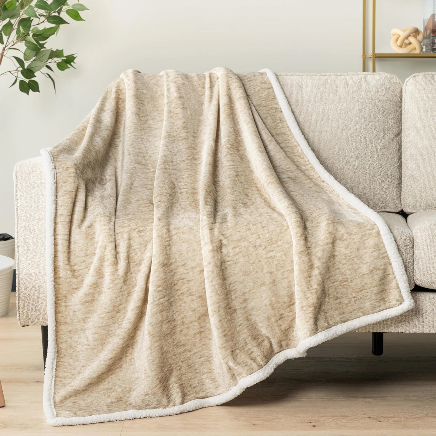 PAVILIA Melange Cream Sherpa Blanket Throw for Couch, Warm Soft Cozy Reversible Blanket Sofa Bed, Thick Plush Large Fleece Car Blanket, Decorative Home Room Decor Gifts Men Women, 50x60 Ivory Beige