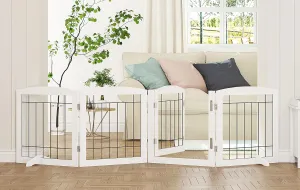 PAWLAND Freestanding Dog gate with Walk Through Door, Dog Gates for Doorways, The House, Stairs, 80" Wide Pet Puppy Safety Fence with Support Feet, 4 Panels, White