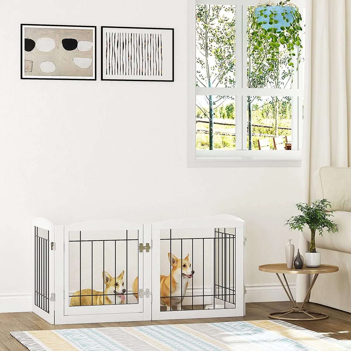 PAWLAND Freestanding Dog gate with Walk Through Door, Dog Gates for Doorways, The House, Stairs, 80" Wide Pet Puppy Safety Fence with Support Feet, 4 Panels, White