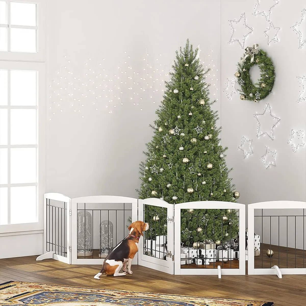 PAWLAND Freestanding Dog gate with Walk Through Door, Dog Gates for Doorways, The House, Stairs, 80" Wide Pet Puppy Safety Fence with Support Feet, 4 Panels, White