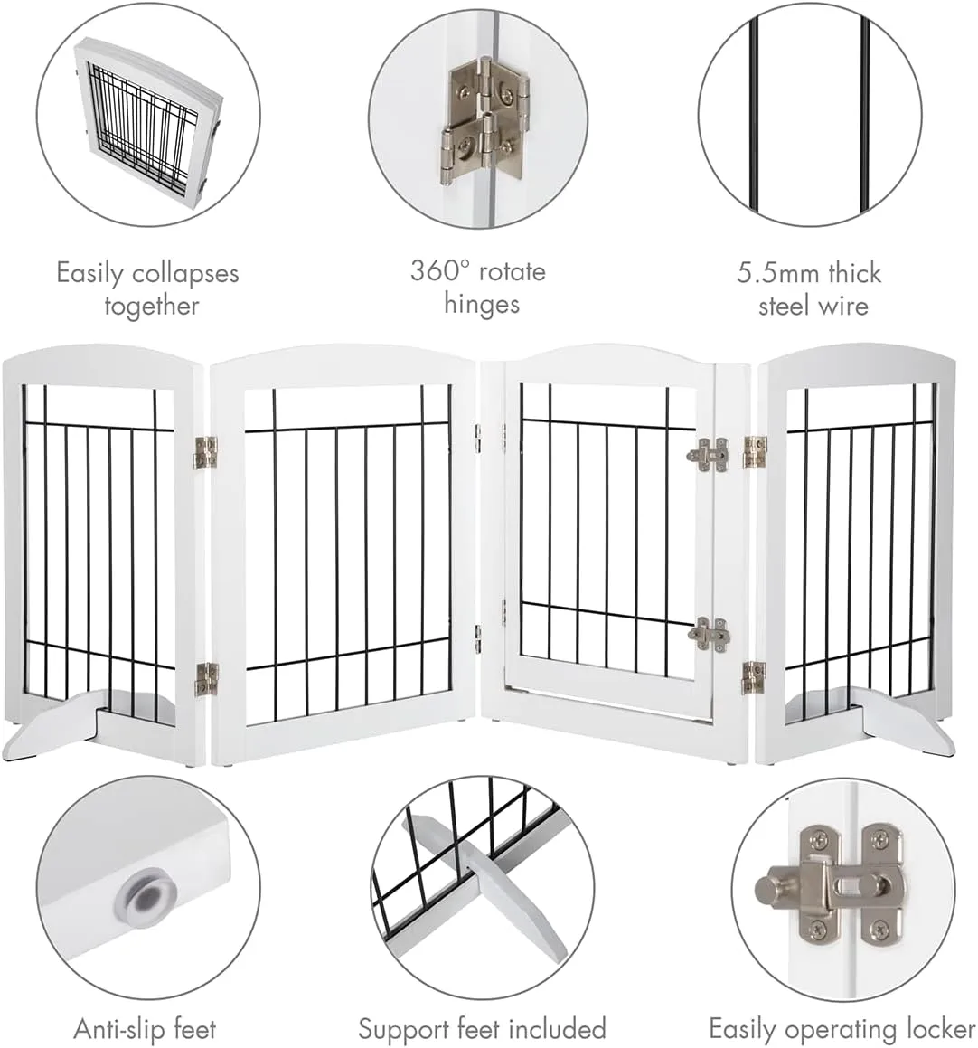 PAWLAND Freestanding Dog gate with Walk Through Door, Dog Gates for Doorways, The House, Stairs, 80" Wide Pet Puppy Safety Fence with Support Feet, 4 Panels, White
