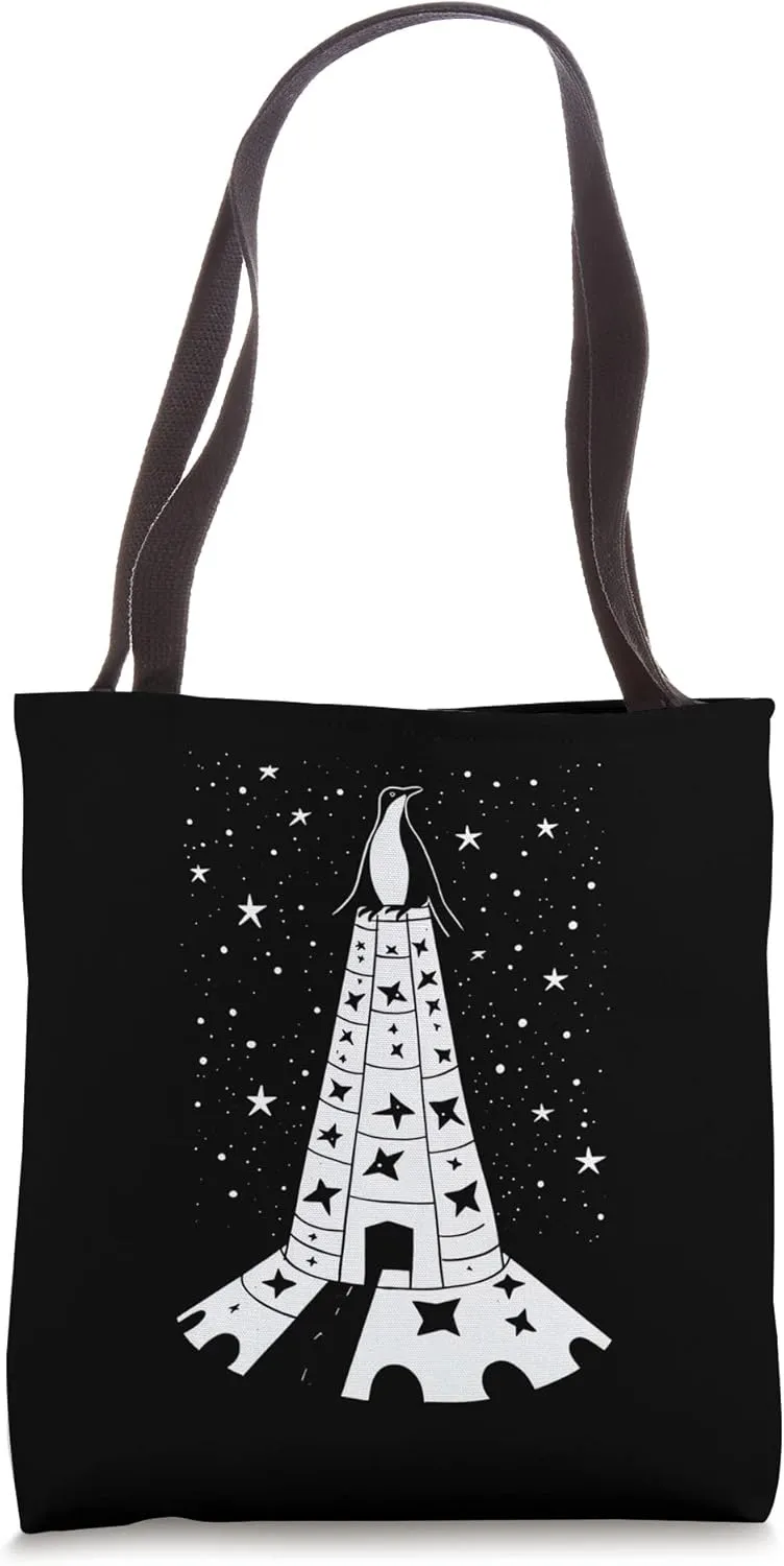 Penguin King, Sitting in his Tower with a Starry Night Sky Tote Bag