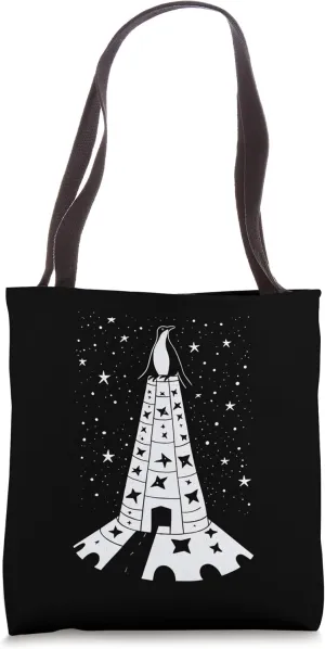 Penguin King, Sitting in his Tower with a Starry Night Sky Tote Bag