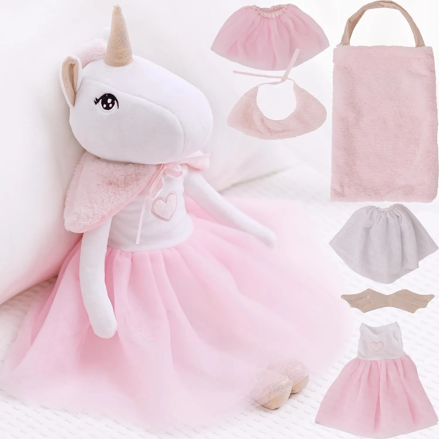 Perfectto Design Ballerina Unicorn Doll Stuffed Animal for Girls - Plush Toy Doll Set, Bag, Tutu Cloths, Wings - Play Set for 3 4 5 Year Old Girl Gift for Little Girl, Birthday, Christmas Age 3-9