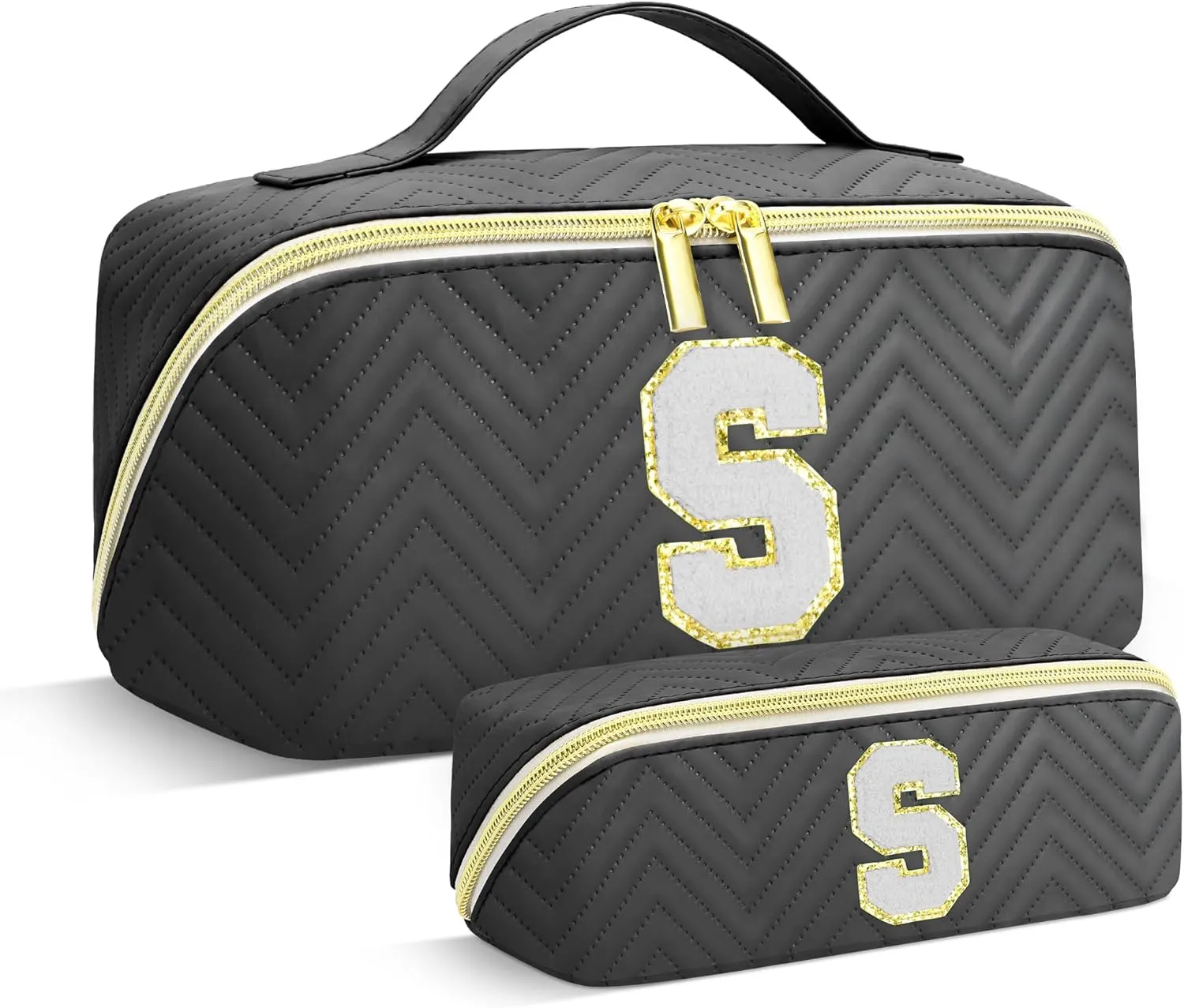 Personalized Initial Black Makeup Bag | Trendy Large Capacity Cosmetic Bags, Travel Toiletry Bag Teen Girls Women Girlfriend Teacher Gifts, Leather Waterproof Portable Make up Bags Organizer - S