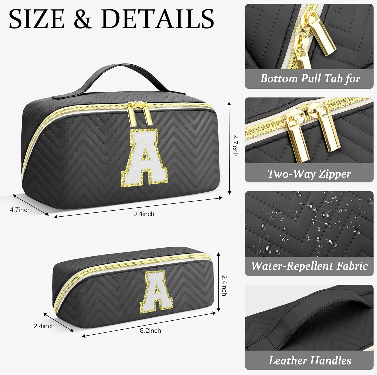 Personalized Initial Black Makeup Bag | Trendy Large Capacity Cosmetic Bags, Travel Toiletry Bag Teen Girls Women Girlfriend Teacher Gifts, Leather Waterproof Portable Make up Bags Organizer - S
