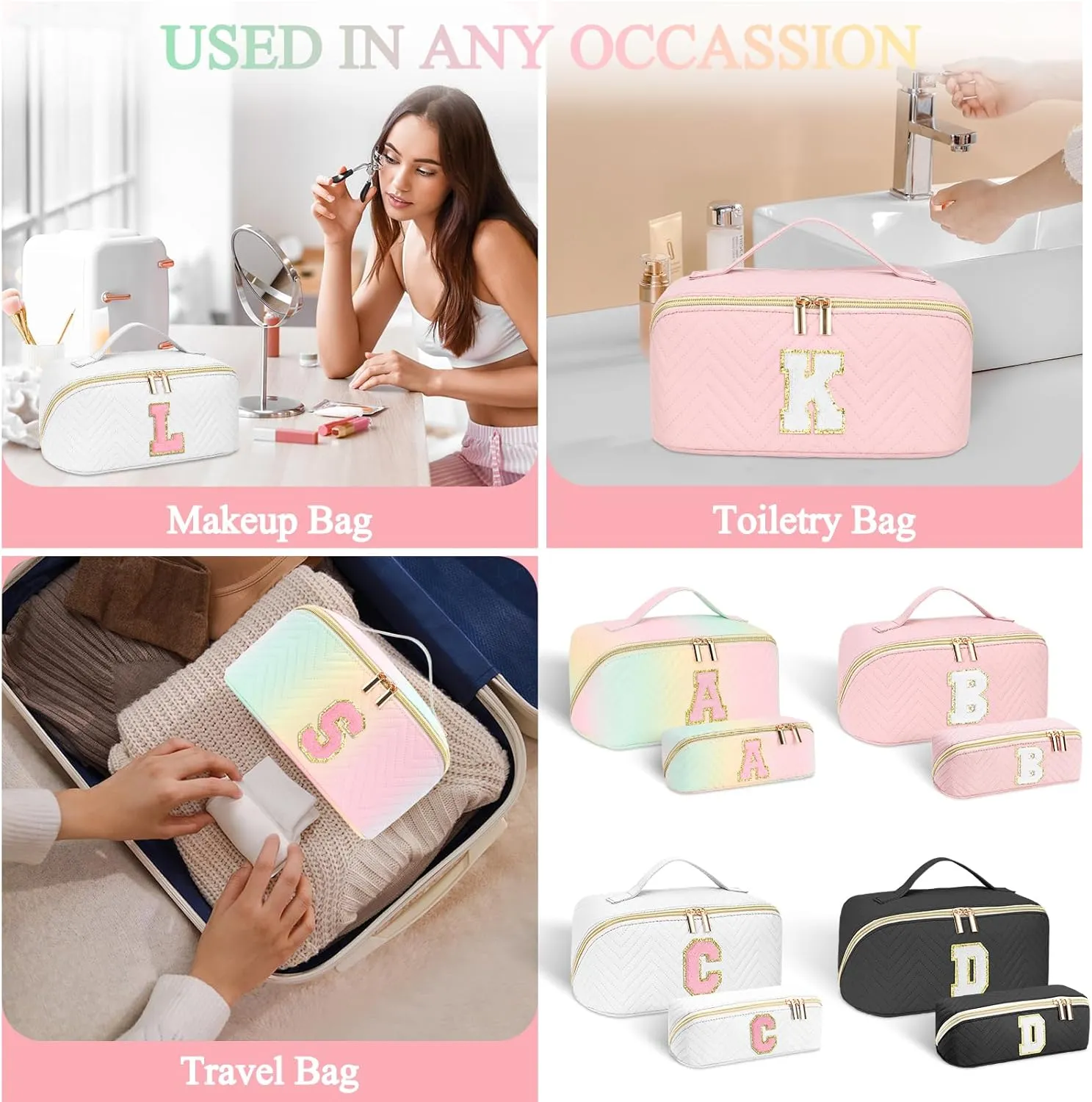 Personalized Initial Black Makeup Bag | Trendy Large Capacity Cosmetic Bags, Travel Toiletry Bag Teen Girls Women Girlfriend Teacher Gifts, Leather Waterproof Portable Make up Bags Organizer - S