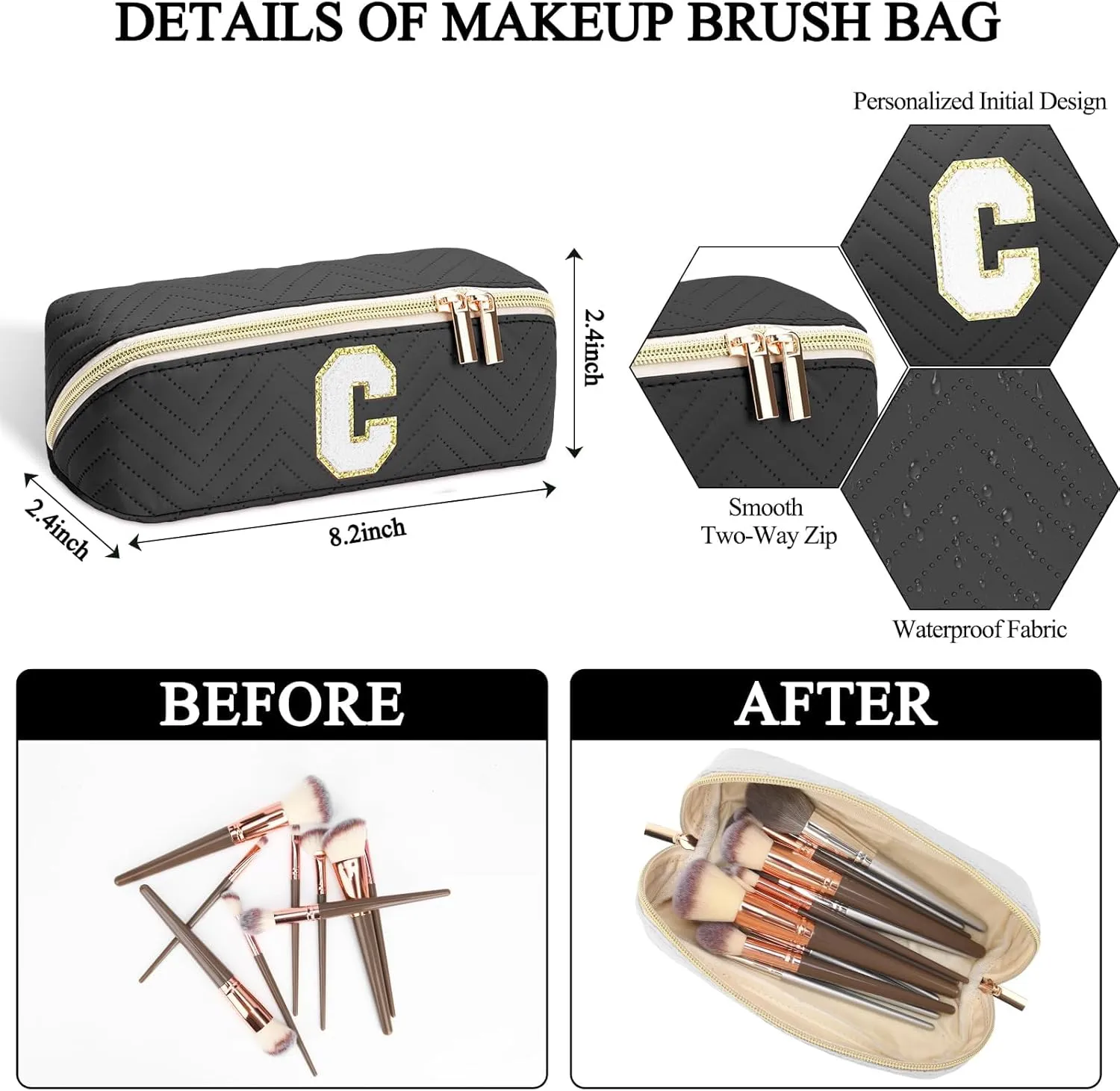 Personalized Initial Black Makeup Bag | Trendy Large Capacity Cosmetic Bags, Travel Toiletry Bag Teen Girls Women Girlfriend Teacher Gifts, Leather Waterproof Portable Make up Bags Organizer - S