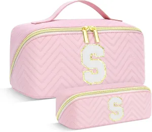 Personalized Initial pink Makeup Bag | Trendy Girls Make up bags, Large Capacity Cosmetic Bags Organizer for Women, Portable Leather Waterproof Open Flat Toiletry Bag for Teen friends teacher Gifts S