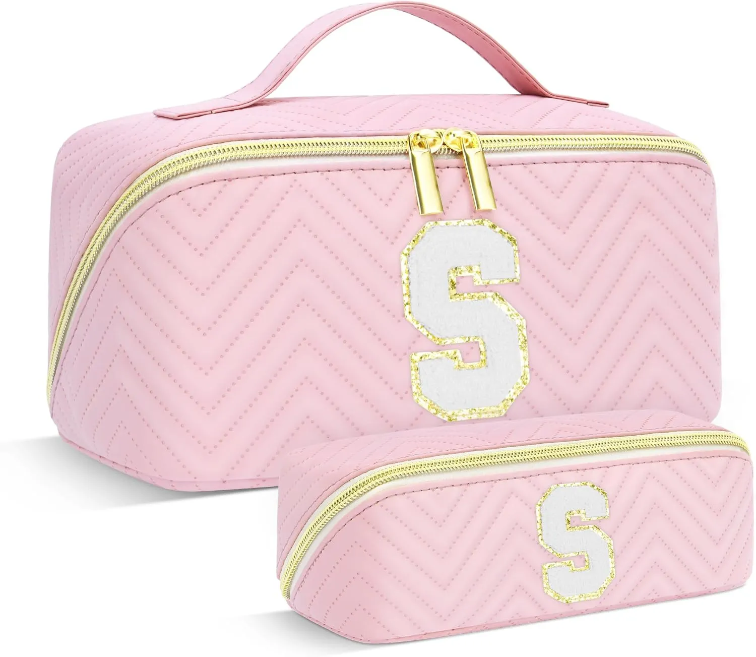 Personalized Initial pink Makeup Bag | Trendy Girls Make up bags, Large Capacity Cosmetic Bags Organizer for Women, Portable Leather Waterproof Open Flat Toiletry Bag for Teen friends teacher Gifts S