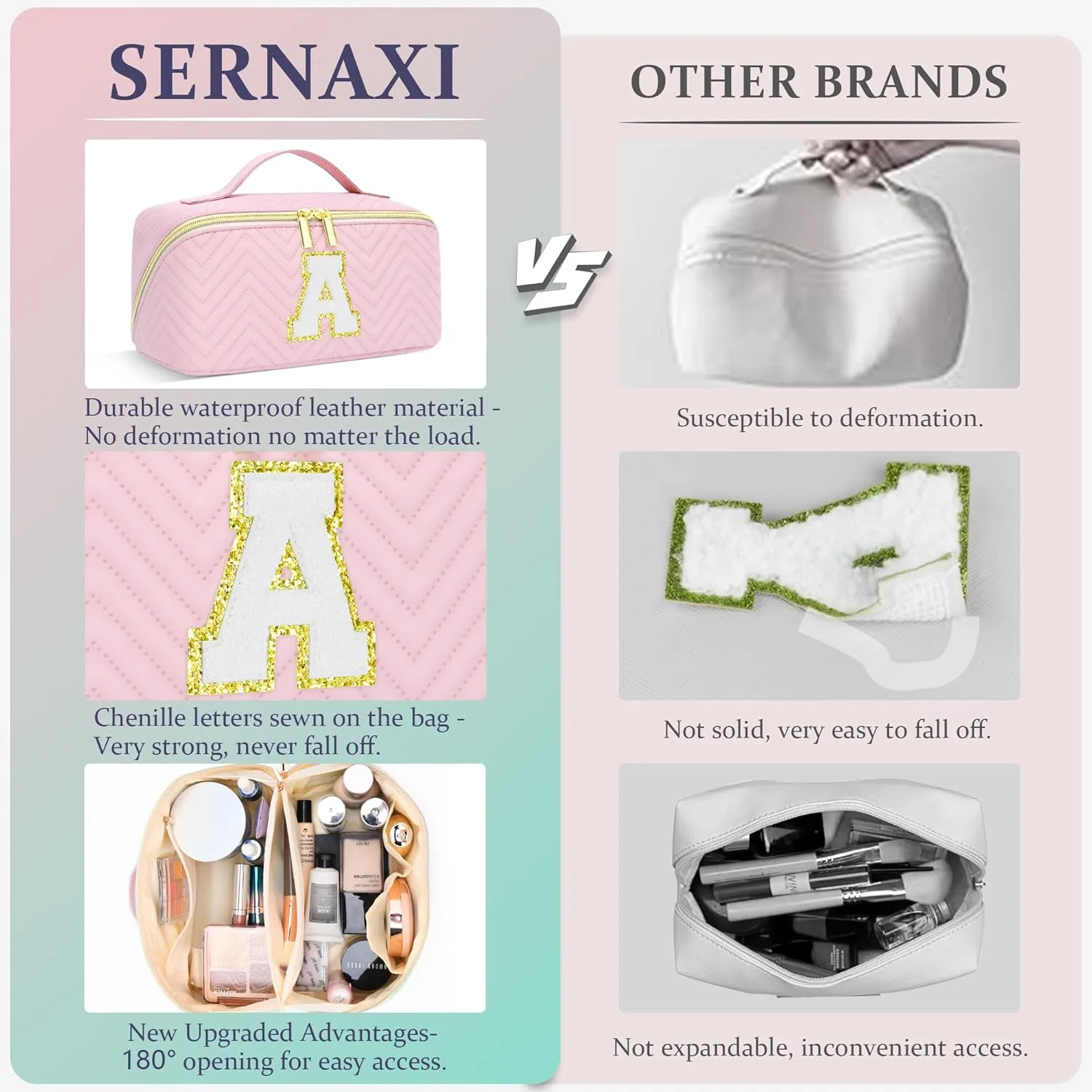 Personalized Initial pink Makeup Bag | Trendy Girls Make up bags, Large Capacity Cosmetic Bags Organizer for Women, Portable Leather Waterproof Open Flat Toiletry Bag for Teen friends teacher Gifts S