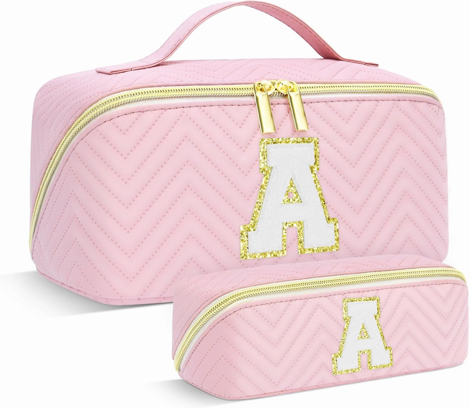 Personalized Initial pink Makeup Bag | Trendy Girls Make up bags, Large Capacity Cosmetic Bags Organizer for Women, Portable Leather Waterproof Open Flat Toiletry Bag for Teen friends teacher Gifts A