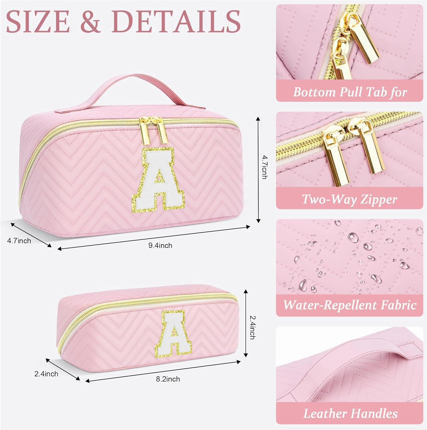 Personalized Initial pink Makeup Bag | Trendy Girls Make up bags, Large Capacity Cosmetic Bags Organizer for Women, Portable Leather Waterproof Open Flat Toiletry Bag for Teen friends teacher Gifts A