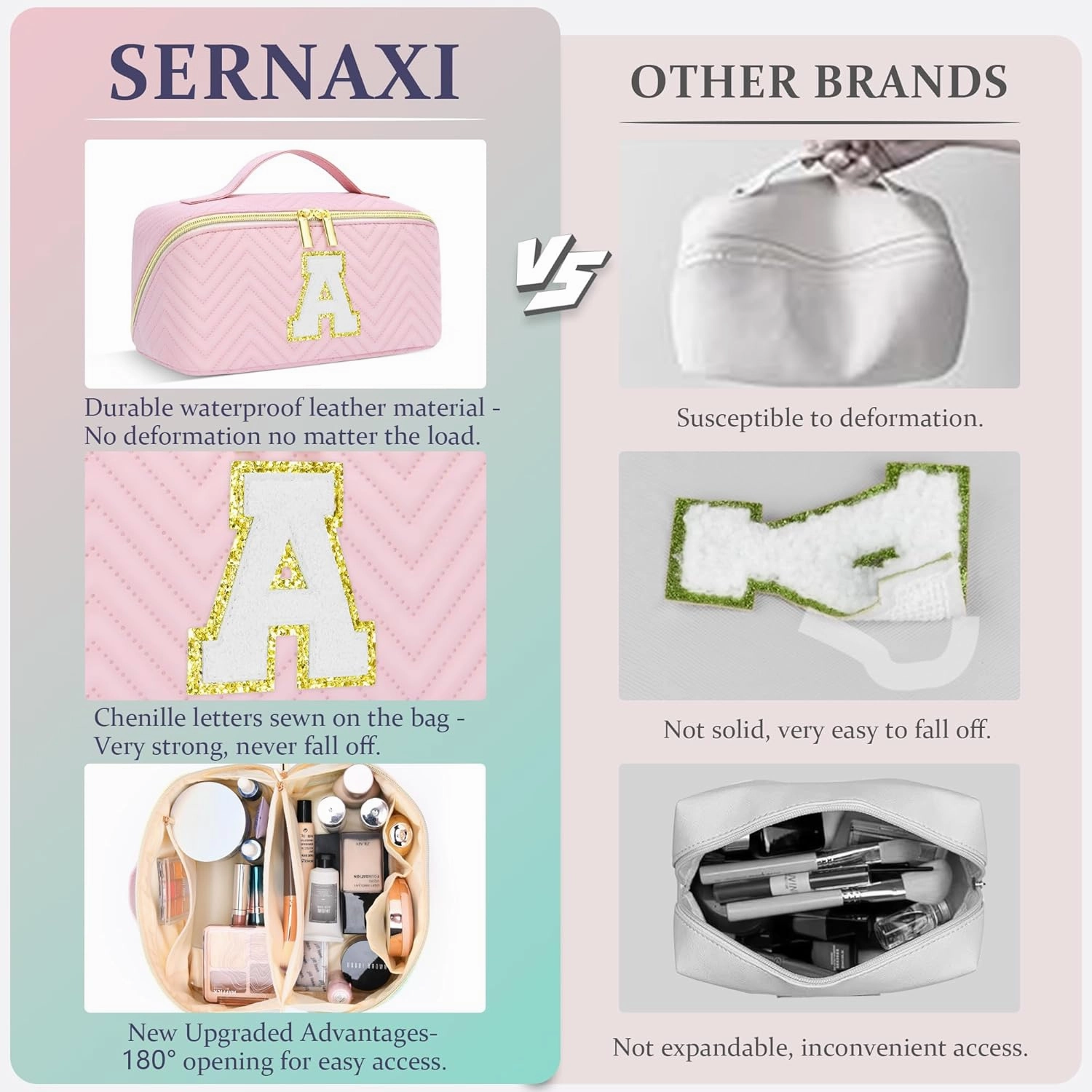 Personalized Initial pink Makeup Bag | Trendy Girls Make up bags, Large Capacity Cosmetic Bags Organizer for Women, Portable Leather Waterproof Open Flat Toiletry Bag for Teen friends teacher Gifts A