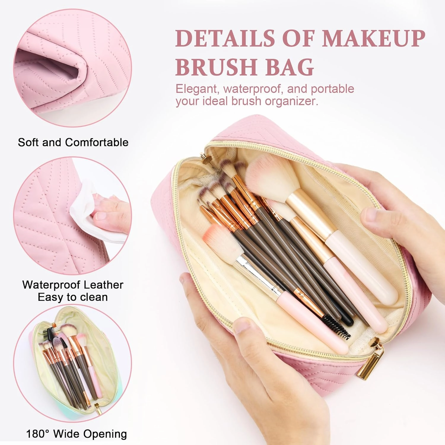 Personalized Initial pink Makeup Bag | Trendy Girls Make up bags, Large Capacity Cosmetic Bags Organizer for Women, Portable Leather Waterproof Open Flat Toiletry Bag for Teen friends teacher Gifts A