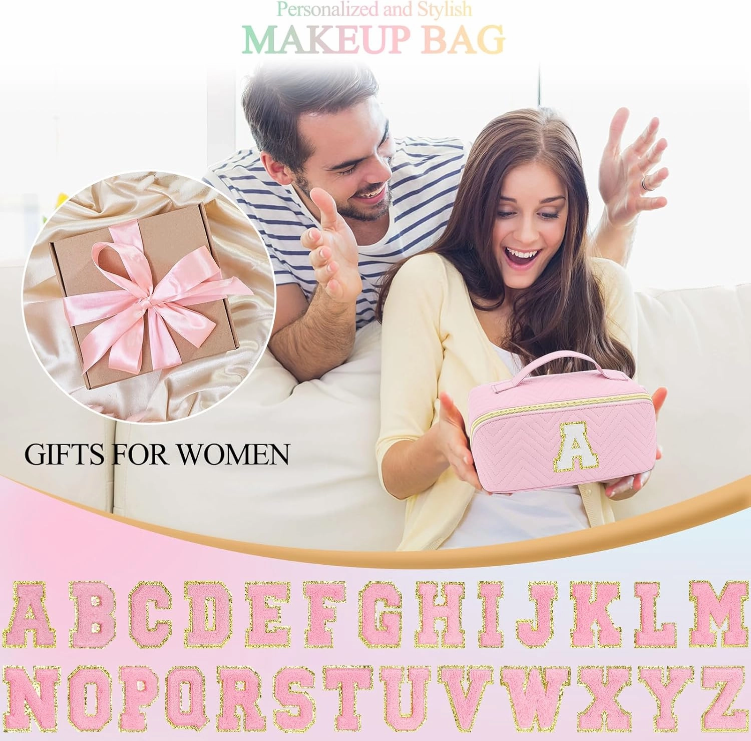 Personalized Initial pink Makeup Bag | Trendy Girls Make up bags, Large Capacity Cosmetic Bags Organizer for Women, Portable Leather Waterproof Open Flat Toiletry Bag for Teen friends teacher Gifts A