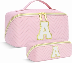 Personalized Initial pink Makeup Bag | Trendy Girls Make up bags, Large Capacity Cosmetic Bags Organizer for Women, Portable Leather Waterproof Open Flat Toiletry Bag for Teen friends teacher Gifts A