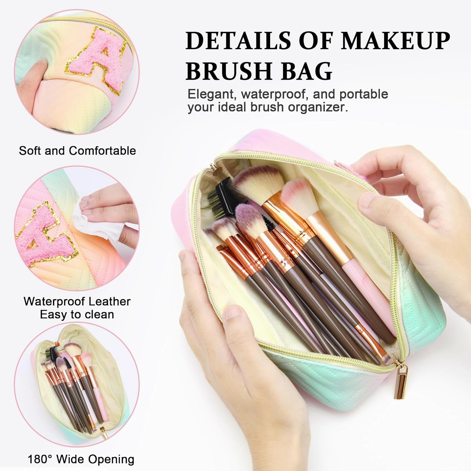 Personalized Initial Travel Makeup Bag | Trendy Girls Make up bags, Large Capacity Colorful Cosmetic Bag Organizer for Women, Leather Waterproof Open Flat Toiletry Bags for Teen friends Gifts - A