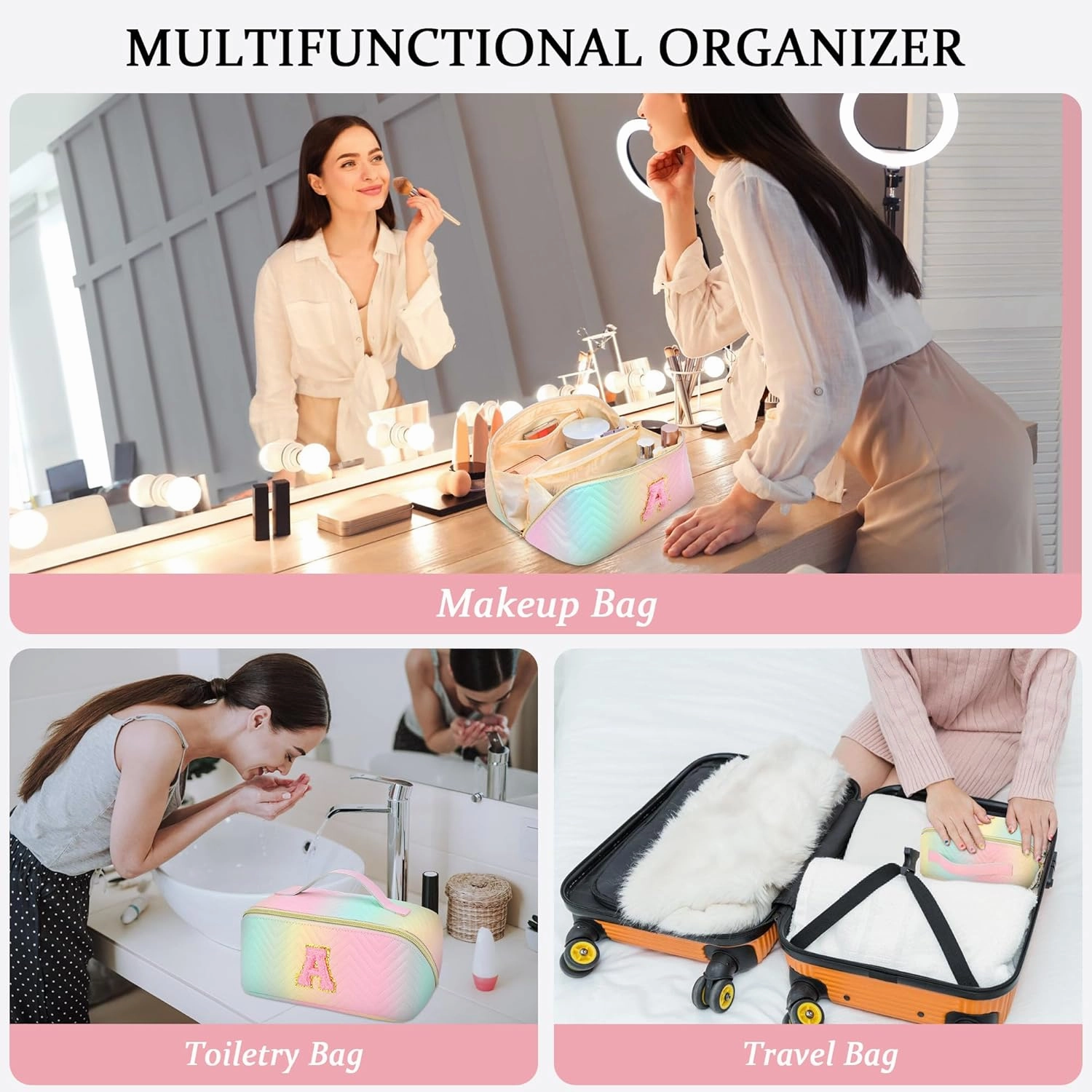 Personalized Initial Travel Makeup Bag | Trendy Girls Make up bags, Large Capacity Colorful Cosmetic Bag Organizer for Women, Leather Waterproof Open Flat Toiletry Bags for Teen friends Gifts - A