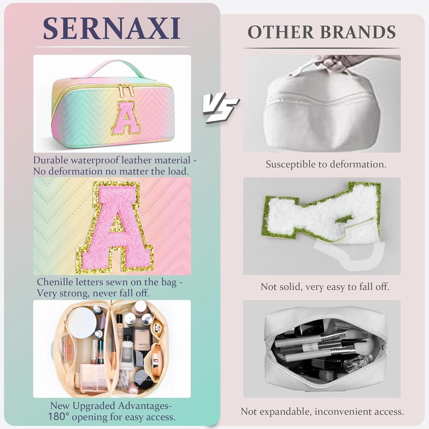 Personalized Initial Travel Makeup Bag | Trendy Girls Make up bags, Large Capacity Colorful Cosmetic Bag Organizer for Women, Leather Waterproof Open Flat Toiletry Bags for Teen friends Gifts - A