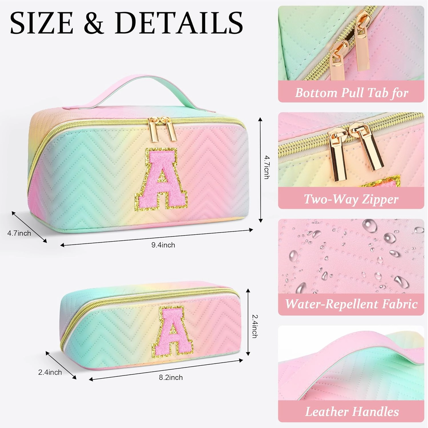 Personalized Initial Travel Makeup Bag | Trendy Girls Make up bags, Large Capacity Colorful Cosmetic Bag Organizer for Women, Leather Waterproof Open Flat Toiletry Bags for Teen friends Gifts - A