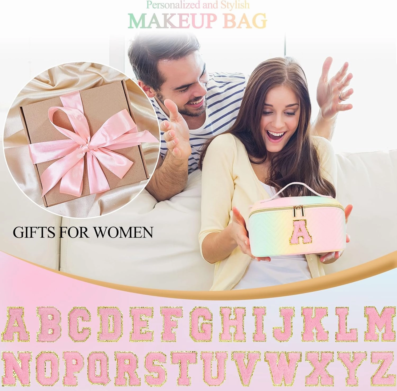 Personalized Initial Travel Makeup Bag | Trendy Girls Make up bags, Large Capacity Colorful Cosmetic Bag Organizer for Women, Leather Waterproof Open Flat Toiletry Bags for Teen friends Gifts - A