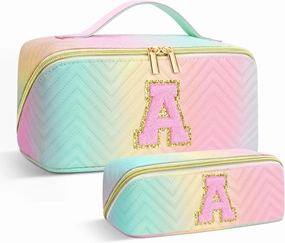 Personalized Initial Travel Makeup Bag | Trendy Girls Make up bags, Large Capacity Colorful Cosmetic Bag Organizer for Women, Leather Waterproof Open Flat Toiletry Bags for Teen friends Gifts - A