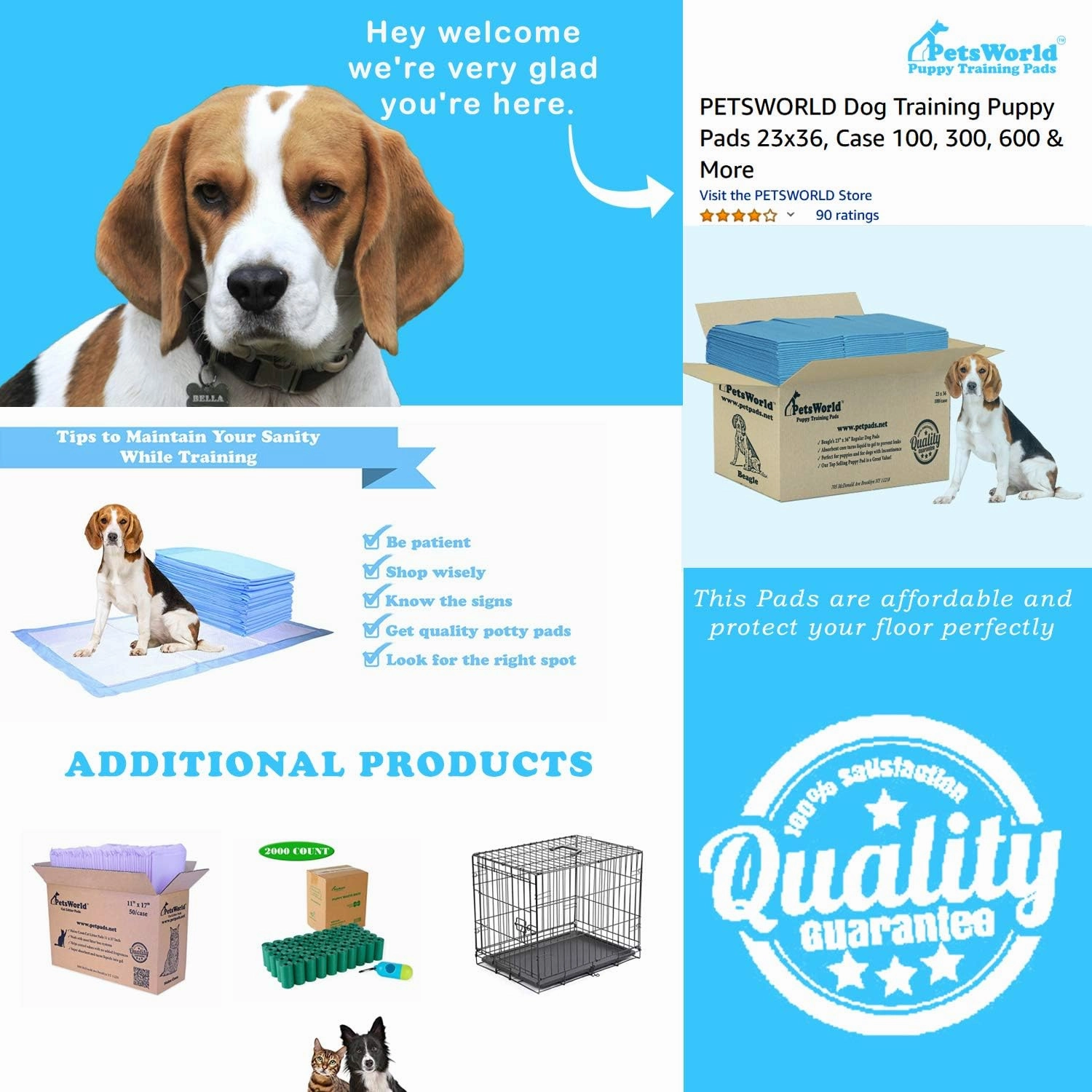 PETSWORLD Puppy Pads, 23x36 Inch, 300 Count - Puppy Pee Pads for Dogs, Tear Resistant, Economy Value, Super-Absorbent Polymer Gel Core, Perfect for Puppies, Smaller Dogs