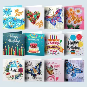 pigpigboss 12 Packs Happy Birthday Diamond Painting Cards, Flower Butterfly Diamond Painting Greeting Cards with Envelop, Birthday Cake Paint with Diamonds Greeting Card Arts Crafts for Adult Beginner
