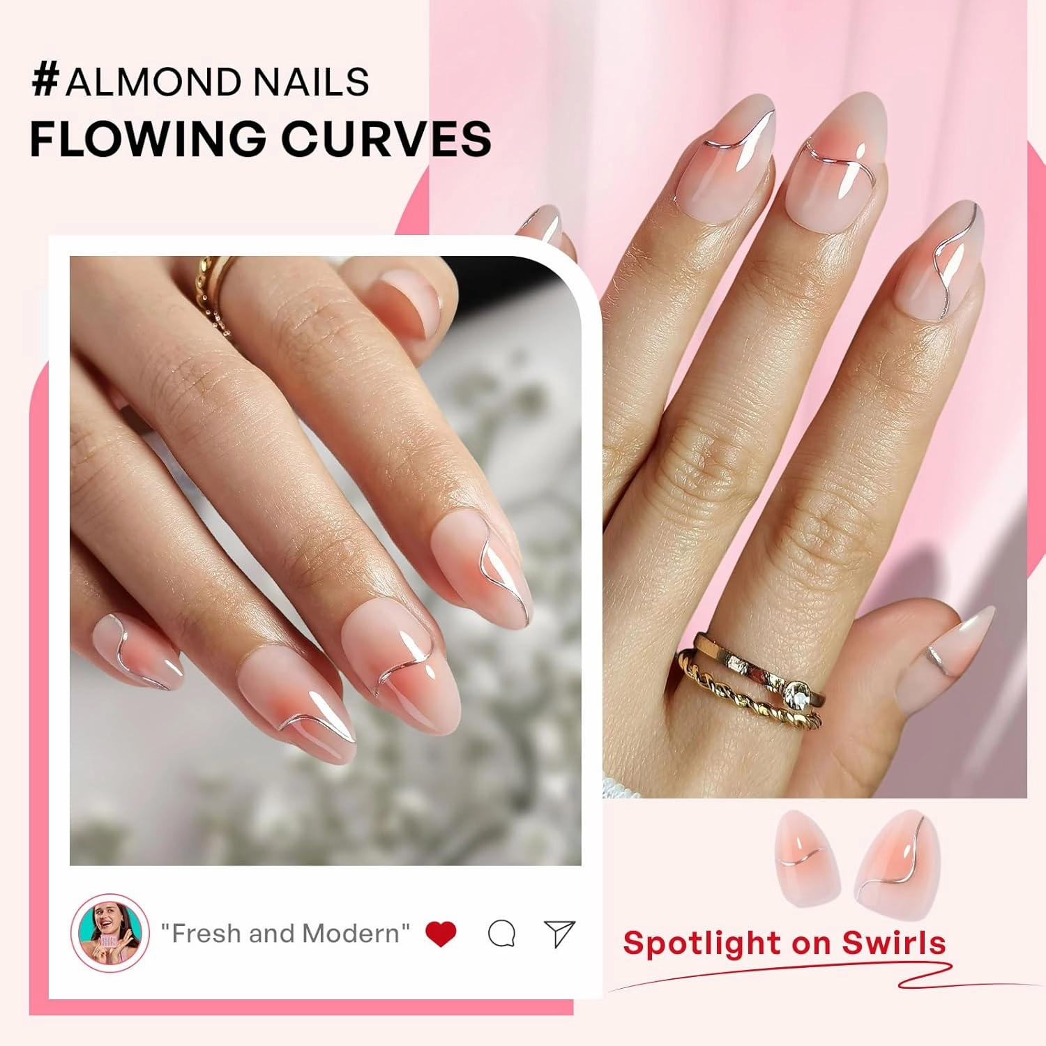 Pink Blush Press On Nails Aura - GJZEZ Short Almond Fake Nails with 3D Metallic Silver Swirl Design, Seamless Salon Grade Glossy False Nail | 16 Sizes - 32 Reusable Nail Kit with Glue, Flowing Curves