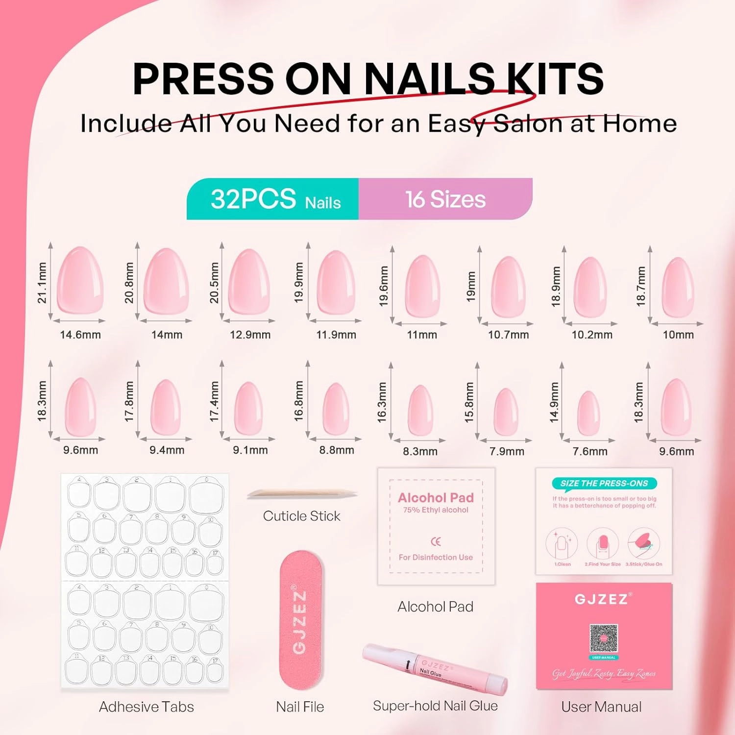 Pink Blush Press On Nails Aura - GJZEZ Short Almond Fake Nails with 3D Metallic Silver Swirl Design, Seamless Salon Grade Glossy False Nail | 16 Sizes - 32 Reusable Nail Kit with Glue, Flowing Curves