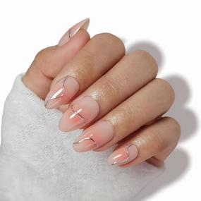 Pink Blush Press On Nails Aura - GJZEZ Short Almond Fake Nails with 3D Metallic Silver Swirl Design, Seamless Salon Grade Glossy False Nail | 16 Sizes - 32 Reusable Nail Kit with Glue, Flowing Curves