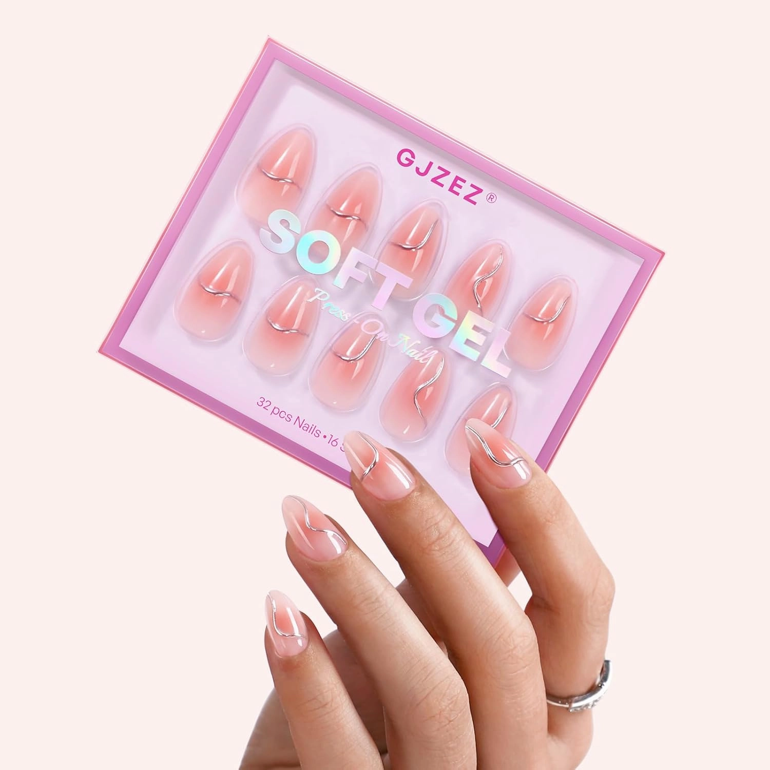 Pink Blush Press On Nails Aura - GJZEZ Short Almond Fake Nails with 3D Metallic Silver Swirl Design, Seamless Salon Grade Glossy False Nail | 16 Sizes - 32 Reusable Nail Kit with Glue, Flowing Curves
