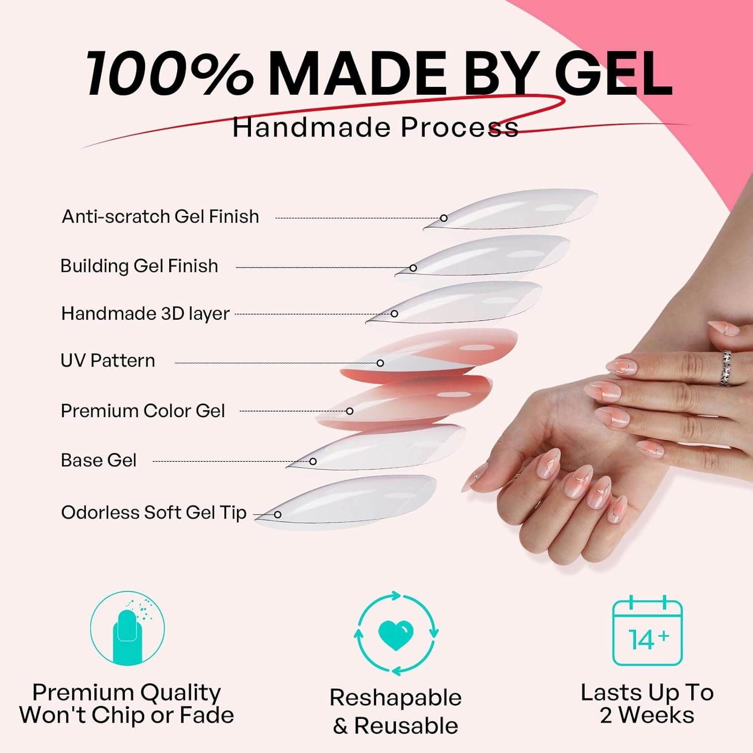 Pink Blush Press On Nails Aura - GJZEZ Short Almond Fake Nails with 3D Metallic Silver Swirl Design, Seamless Salon Grade Glossy False Nail | 16 Sizes - 32 Reusable Nail Kit with Glue, Flowing Curves