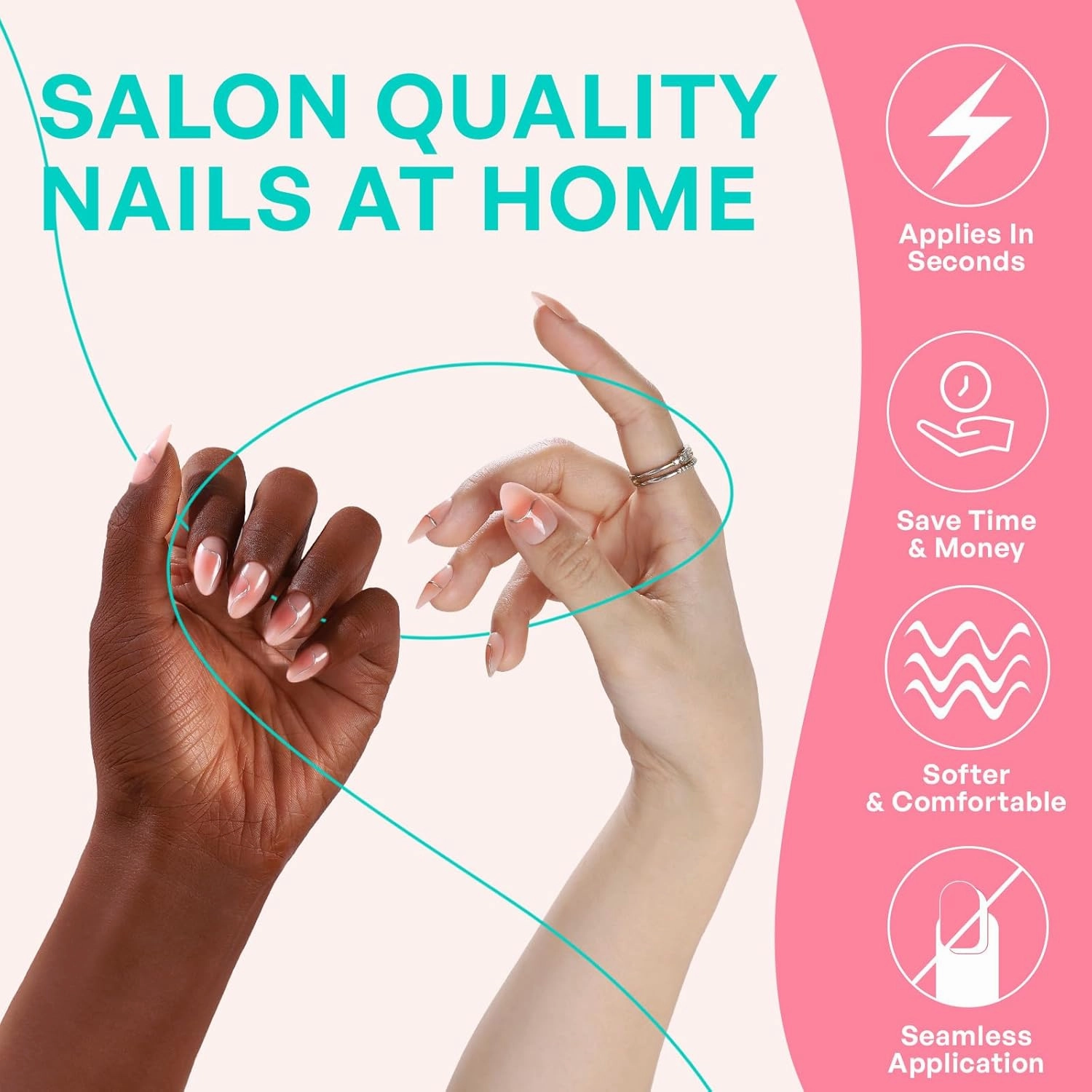 Pink Blush Press On Nails Aura - GJZEZ Short Almond Fake Nails with 3D Metallic Silver Swirl Design, Seamless Salon Grade Glossy False Nail | 16 Sizes - 32 Reusable Nail Kit with Glue, Flowing Curves