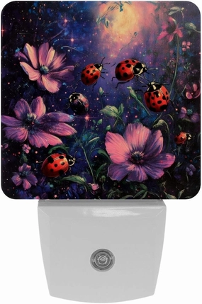 Pink Ladybugs Flowers Galaxy Plug in LED Night Light Auto Sensor Dusk to Dawn Decorative Night for Bedroom, Bathroom, Kitchen, Hallway, Stairs, Hallway, Baby's Room, Energy Saving