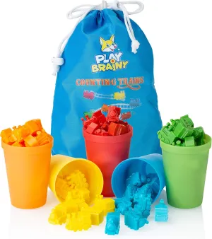 Play Brainy™ Colorful Counting Trains and Cups – Fun Educational Sorting Trains with Color Sorting Cups – Educational Montessori Toy for Toddlers & Children – 50 Count Trains, 5 Colored Cups, & Bag