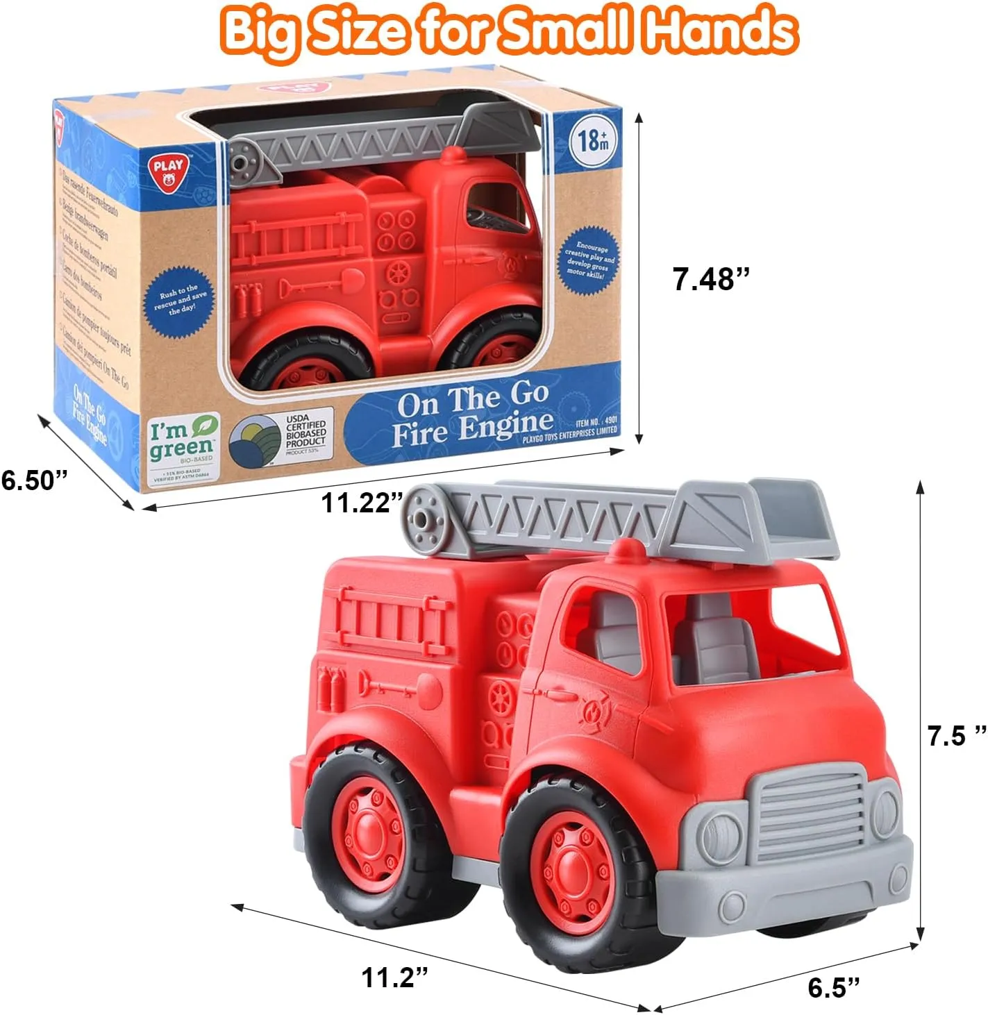 PLAY Eco-Friendly Fire Trucks, [USDA Certified] No BPA/Phthalate/PVC, Recycled Bioplastic Ladder Fire Engine Toy Gift for Boy Girl, Car Toys Vehicle Gift for Kids