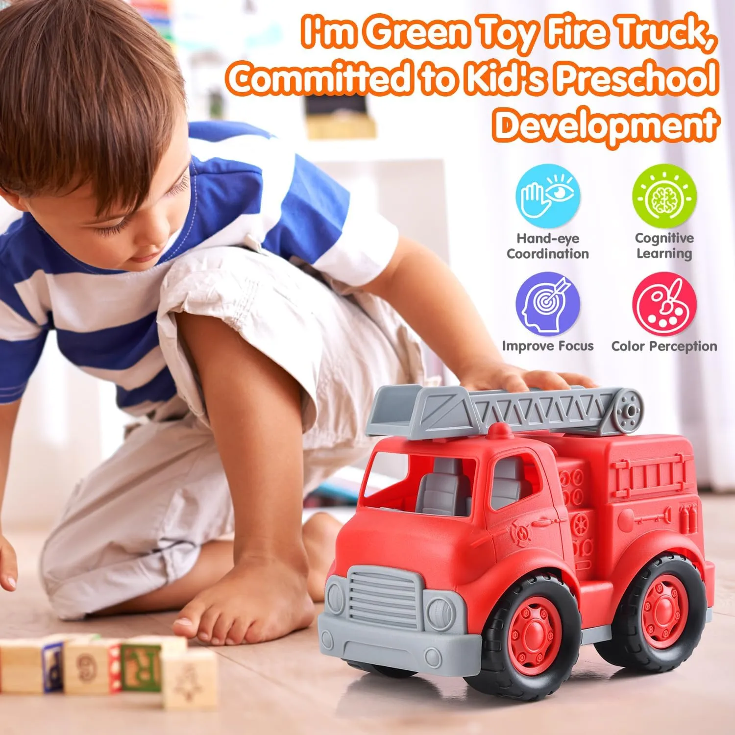 PLAY Eco-Friendly Fire Trucks, [USDA Certified] No BPA/Phthalate/PVC, Recycled Bioplastic Ladder Fire Engine Toy Gift for Boy Girl, Car Toys Vehicle Gift for Kids