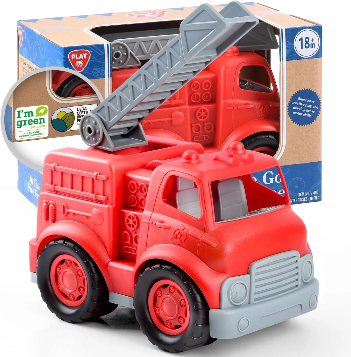 PLAY Eco-Friendly Fire Trucks, [USDA Certified] No BPA/Phthalate/PVC, Recycled Bioplastic Ladder Fire Engine Toy Gift for Boy Girl, Car Toys Vehicle Gift for Kids
