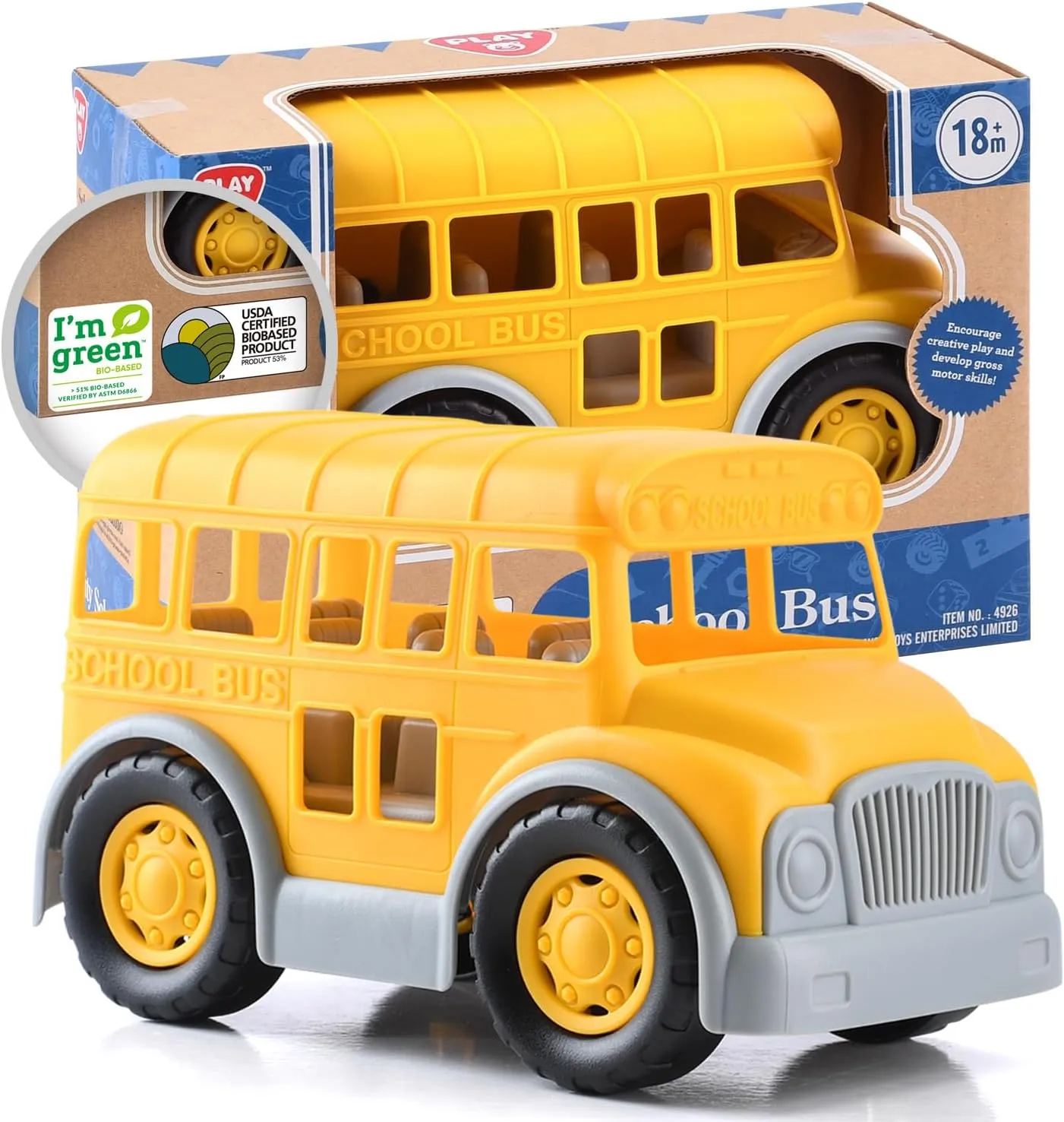 PLAY Eco-Friendly School Bus Toy, [USDA Certified] No BPA/Phthalate/PVC, Recycled Bioplastic Bus Toy Gift for Boy Girl 1-4, Fine Motor Skills Car Toys Vehicle Gift for Kids