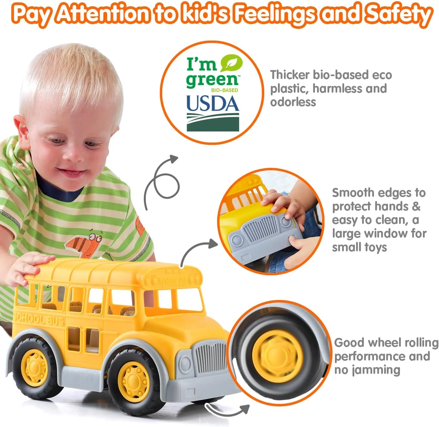 PLAY Eco-Friendly School Bus Toy, [USDA Certified] No BPA/Phthalate/PVC, Recycled Bioplastic Bus Toy Gift for Boy Girl 1-4, Fine Motor Skills Car Toys Vehicle Gift for Kids