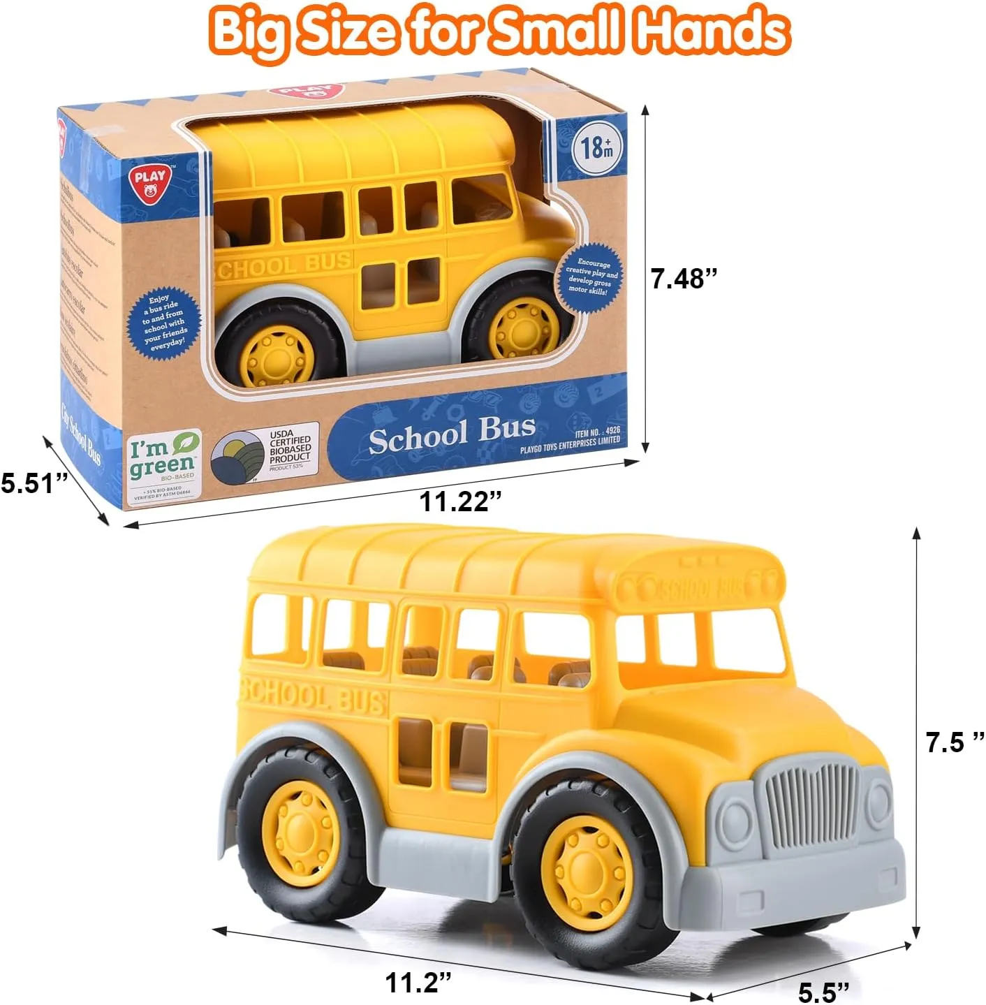 PLAY Eco-Friendly School Bus Toy, [USDA Certified] No BPA/Phthalate/PVC, Recycled Bioplastic Bus Toy Gift for Boy Girl 1-4, Fine Motor Skills Car Toys Vehicle Gift for Kids