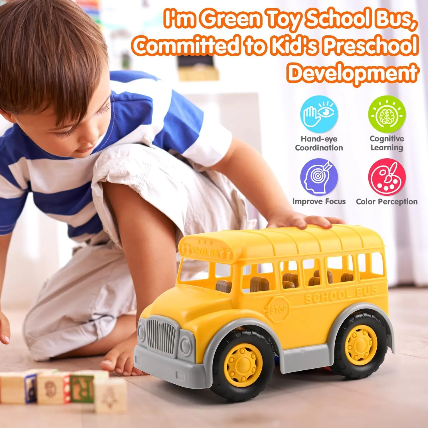 PLAY Eco-Friendly School Bus Toy, [USDA Certified] No BPA/Phthalate/PVC, Recycled Bioplastic Bus Toy Gift for Boy Girl 1-4, Fine Motor Skills Car Toys Vehicle Gift for Kids