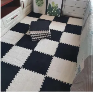 Plush Puzzle Play Mats for Bedroom/Play Room Interlocking Foam Floor Mats Fluffy Carpet Tiles Soft Area Rug Set of 10 12X12 Inch Each Black and White Color Scheme