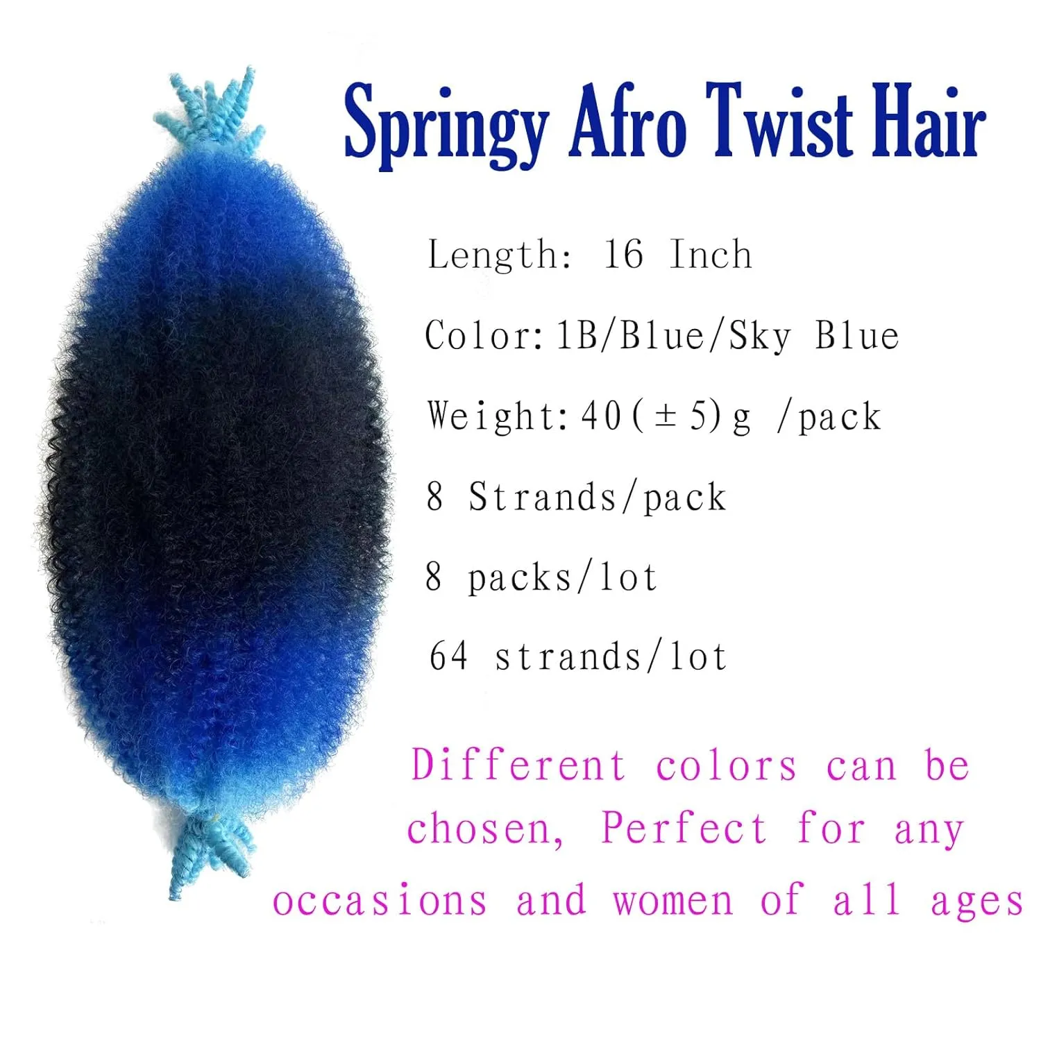 poetically Ombre Blue Marley Twist Braiding hair 16'' Springy Afro Twist Hair Pre Separated Kinky Twist Hair Wrapping Hair, 3 Tones Black Blue Sky Blue Marley Hair,Kinky Twist Hair for Braiding
