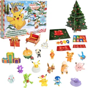 Pokemon Holiday Advent Calendar for Kids, 24 Piece Gift Playset - Set Includes Pikachu, Eevee, Jigglypuff and More - 16 Toy Character Figures & 8 Christmas Accessories - Ages 4 